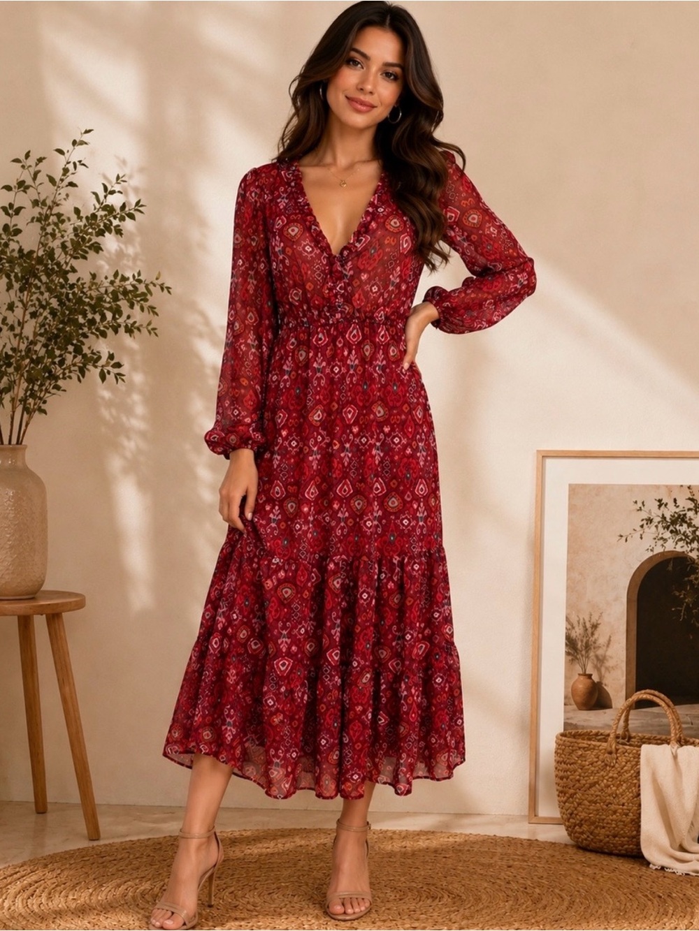 Zara Red Floral V-Neck Long Sleeve Midi Dress